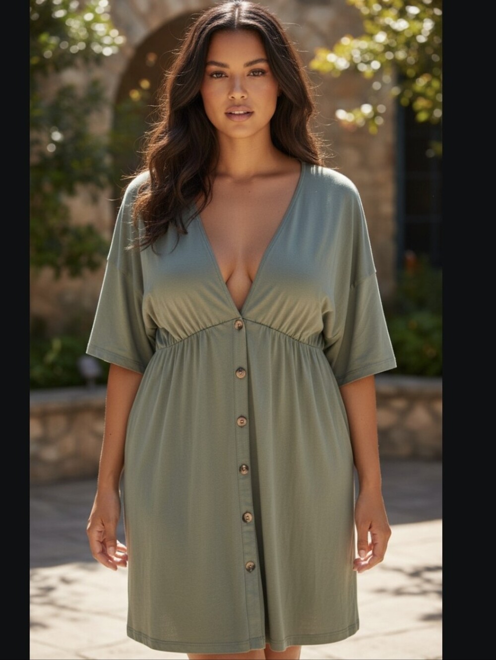ASOS Olive Green Button-Front V-Neck Midi Dress
